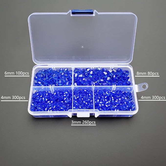 Sapphire Blue Bicone Glass Beads for Jewelry Making, Faceted Crytal Spacer Beads for Bracelet Necklace Earring (3mm 4mm 6mm 8mm Mixed Sizes, 1040pcs)