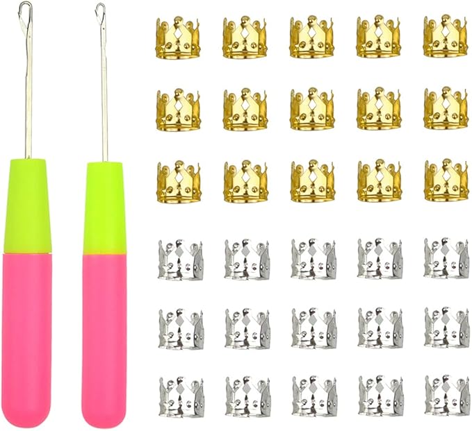 2 Pcs Hair Braiding Tools Set, Latch Hook Crochet Needles with 30 Pcs Metal Hair Braiding Decoration Rings for Hair Extensions, Braids and Dreadlocks Styling