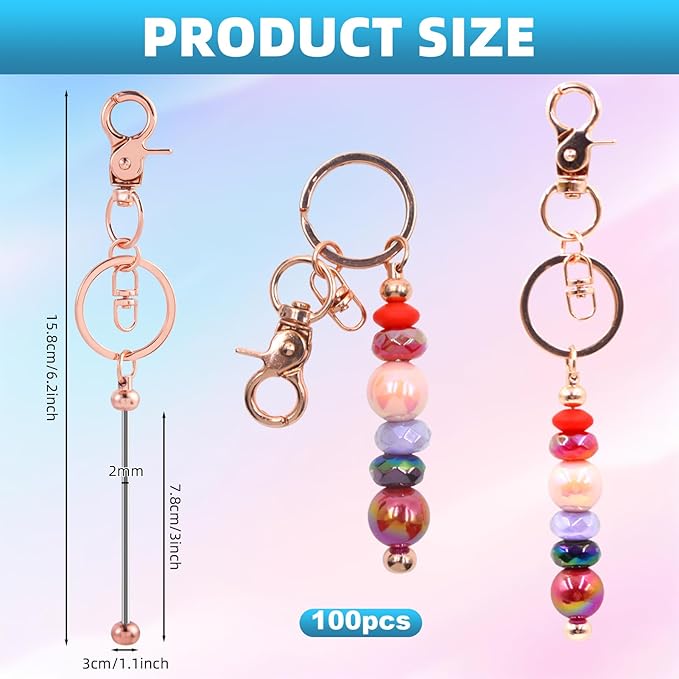 100 Pcs Beadable Keychains Bulk Kit – DIY Keychain Making Supplies with Metal Blanks for Crafts, Jewelry, Charms, Custom Projects – Blank Chain Bars for Beaded Keychain Design (Rose Gold)