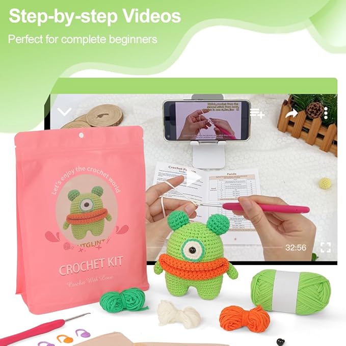 Autglint Monster Crochet Kit for Complete Beginners, Amigurumi Animal Starter Kit with Detailed Video Tutorials, Learn to Crochet Kit with Non-Split Pre-Started Yarn - Green Monster