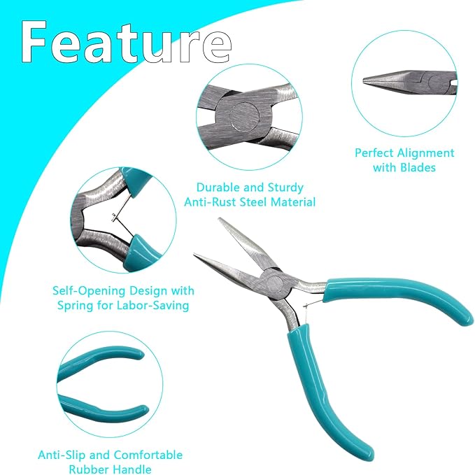 6Pcs Jewelry Pliers Making Tools Kit for Necklace, Bracelet, Earrings or Repairing, Include Wire Cutters, Nose, Crimping, Bent Nose Pliers, End Nippers for Beading Craft