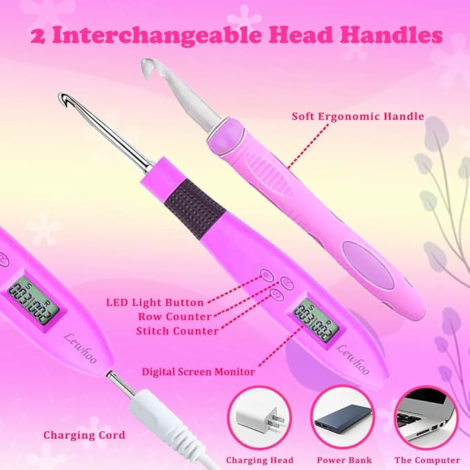 lewhoo 18 size counting light up crochet hook,digital crochet hooks with stitch counter,lighted metal crochet needle with case