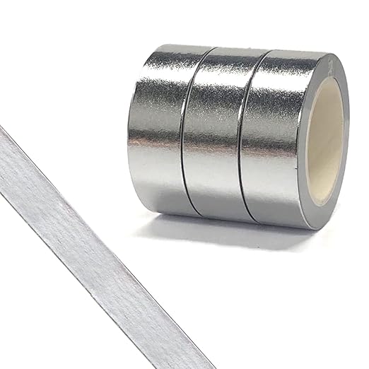 Solid Foil Washi Tape, Decorative Self Adhesive Masking washi Tape,Graphic Art Tape,Washi DIY Graphic Tape Wrapping for Crafts Decoration 5/8" x 393 inches (3 Roll, Silver)
