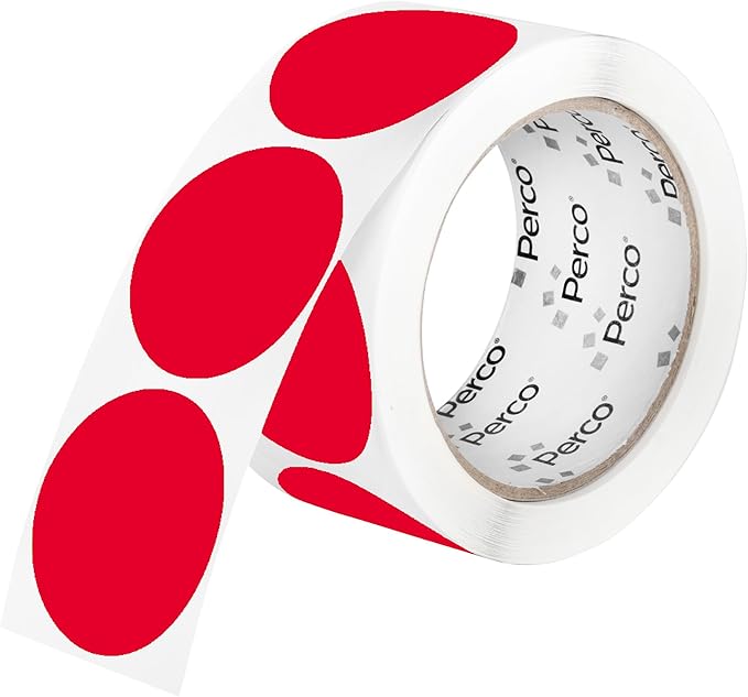 perco red 2-inch perforated circle dot sticker labels — 250 round stickers per roll — with permanent adhesive for organizing, color coding, bin labeling, packaging alerts — made in usa