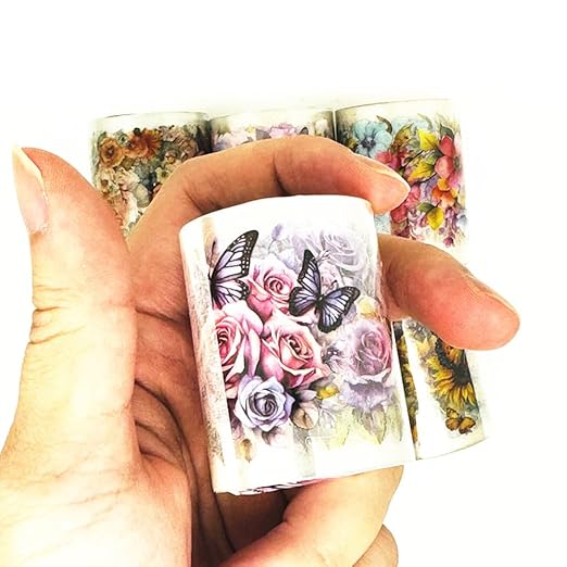 Koolemon 6Rolls Pre-Cut Floral Tape, Decorative Tape PET Flower Stickers for Crafts Journaling Scrapbook Supplies