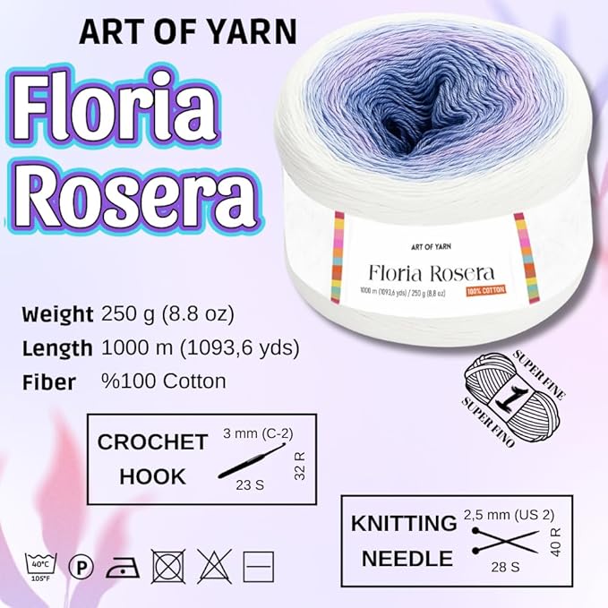 Floria Rosera Ombre 100% Cotton 250g (8.80oz) 1094 Yards Fine 1 Vibrant Multicolor Rainbow for Crochet Knitting Amigurumi Crafts Ideal for Spring Summer Projects Thick Soft