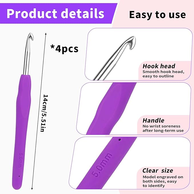 4PCS 5.0mm SizeH Crochet Hooks, Ergonomic Handle Crochet Hooks for Arthritic Hands, Smooth and Extra Long Crochet Needles for Beginners, Knitting Needles for Beginner Handmade DIY Multicolor