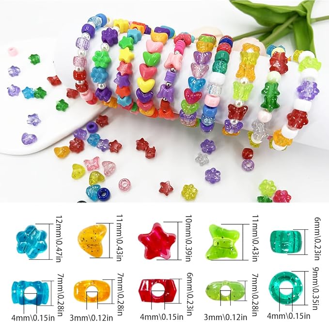 MIIIM 1000Pcs 6x9mm Pony Beads Shapes in 5 Styles 21 Colors, Heart, Star, Butterfly, Flower, Assorted Kandi Beads for Friendship Bracelet, Big Hole Hair Braids Crafts, Jewelry Making (Multi-Glitter)