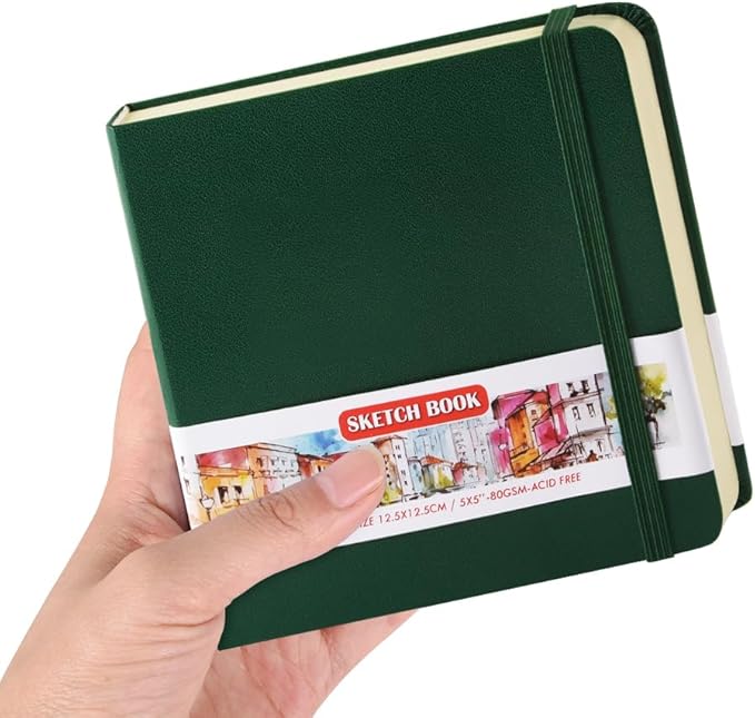 Square 5x5 inches 80gsm 96sheets/192 Pages Notebooks Blank Sketchbooks Travel Journal Pocket Hardcover Paint Writing Diary Memo Planner PU Leather Cover. Dark Green