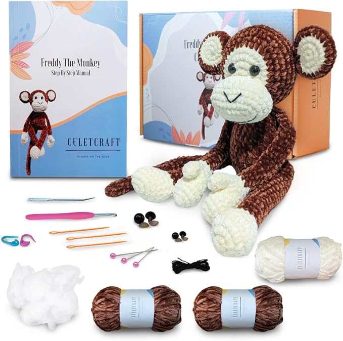 CULETCRAFT Crochet Kit for Beginners Adults, Freddy The Monkey DIY Crochet Animal Kit for Beginners, Learn to Crochet with Step-by-Step Instruction Book, Beginner Crochet Kit for Adults