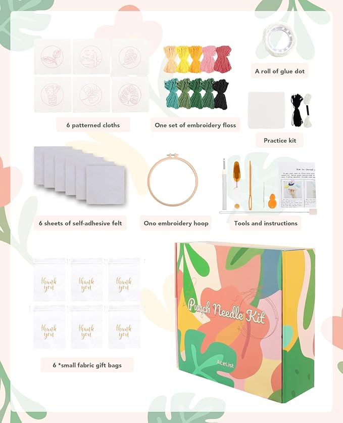 AceList 6PCS Plant Punch Needle Kit for Coaster, Easy DIY Embroidery Kit for Beginners, Adults & Kids Craft Kits, Birthday Gift with Patterns, Tools, Yarns, Hoop, Instructions, Practice Piece