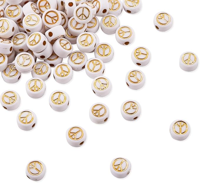 200Pcs Peace Sign Acrylic Beads Opaque Flat Round Beads Golden Symbol Acrylic Spacer Beads for DIY Necklace Bracelet Earring Jewelry Crafts Making Hole 1.6mm