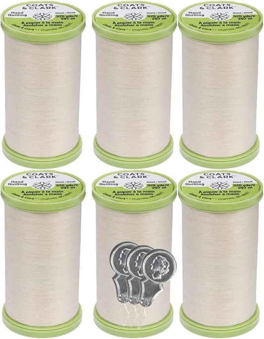 Coats & Clark Hand Quilting Sewing Thread Cotton Covered Polyester 325 Yards S960 6 Pack Bundle with 3 Bella's Crafts Needle Threaders (Natural)