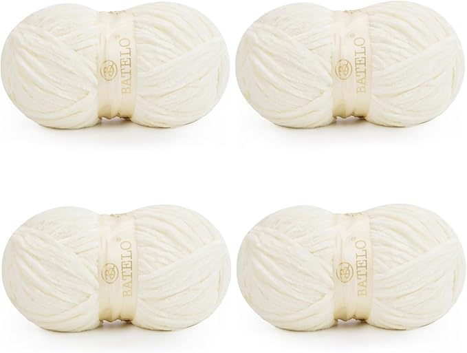 Velvet Chenille Yarn for Crocheting & Knitting 1440 Yards, Soft Thick Fluffy Bulky Blanket Yarn, 4 Pack of 10.5oz (Cream White)