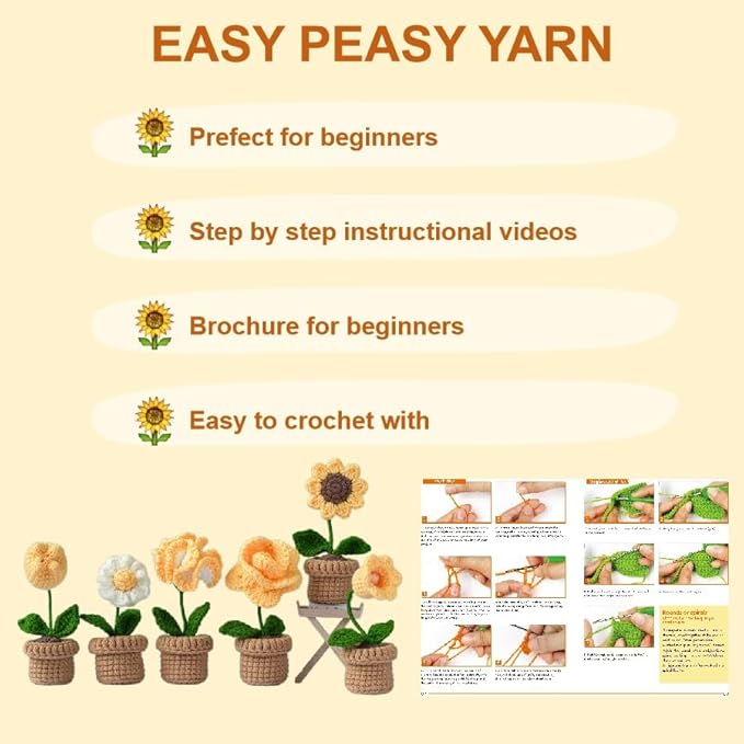 Sunny Yellow Mini Crochet Plant Kit | Make a Cheerful Desk Bouquet | Beginner-Friendly DIY Craft with Video Tutorial | Bright Home Decor Gift