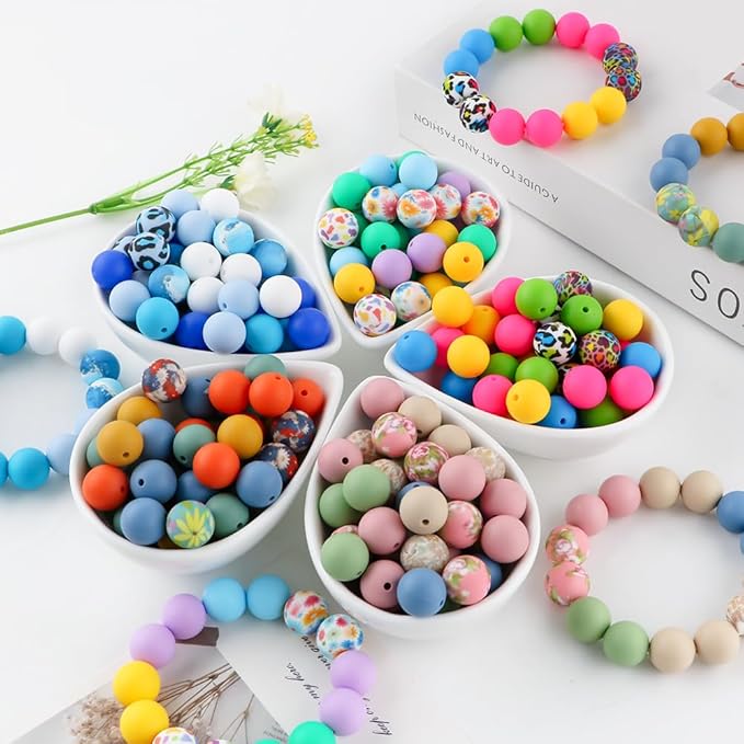 150Pcs Mixed Color 15mm Silicone Beads for Keychain Making, Purple Orange Halloween Print Silicone Beads for Pens and Bracelet Jewelry Making