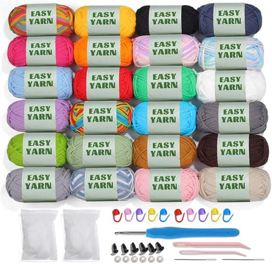 24x50g (42.3Oz) Easy Yarn for Crocheting and Knitting, 24x87yds Beginner Crochet Cotton Yarn for Beginners with Easy-to-See Stitches, Worsted-Weight Medium #4 - Cotton-Nylon Blend