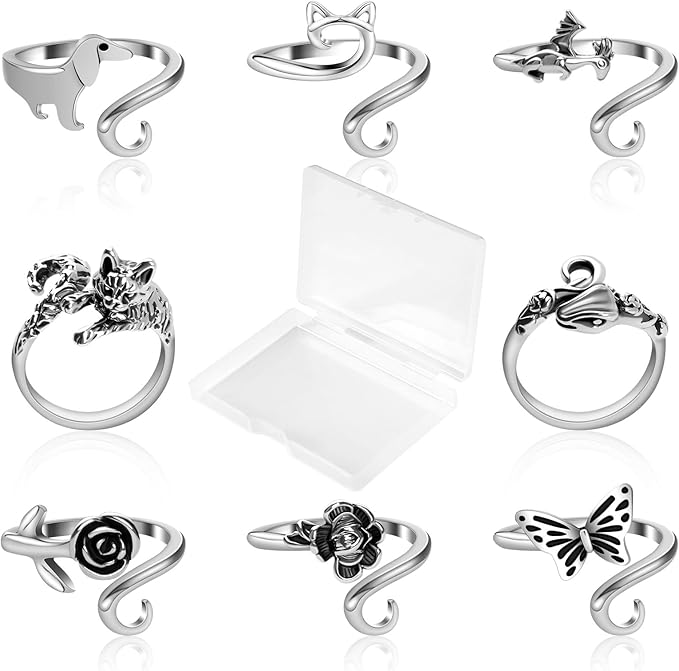 MARFOREVER 8 Pcs Crochet Rings, 8 Styles Adjustable Adjustable Tension Ring Loops for Fingers Yarn Guide Knitting Crochet Accessories with Box for Women Mom Crocheters Grandma Gift
