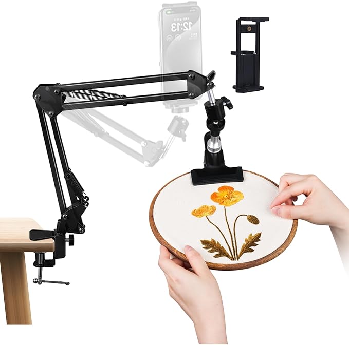 adjustable hand embroidery hoop stand,black cross stitch hoop holder with 360° rotation,3-in-1 hoop/tablet/phone stand hand free,needlepoint hoop stand,cross stitch stand suitable for embroidery hoops