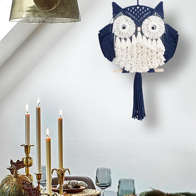 FREEBLOSS DIY Macrame Owl Kit with Video Tutorial Macrame Wall Hanging Ornament Boho Wall Hanging Decor Navy Blue&White Macrame Tapestry Gift Macrame Kit for Beginners