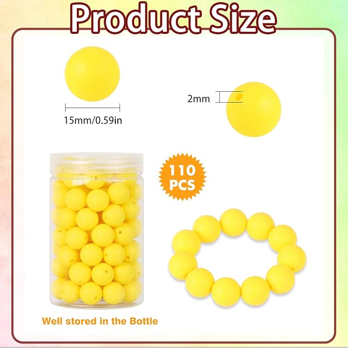 110 Pcs Silicone Focal Beads, EVERMARKET 15mm Silicone Beads for Keychain Making, Round Silicone Beads Bulk with Bottle, Rubber Loose Beads for Pens Crafts Necklace Bracelet Lanyard (Yellow)