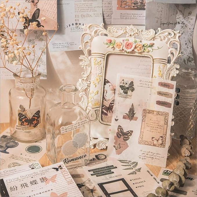 40 Sheets A6 Vintage Washi Stickers Book for Adults, Retro Butterfly Stickers with Self-Adhesive Collage Papers Ephemera for Junk Journaling Supplies, Scrapbooking, Crafts Arts