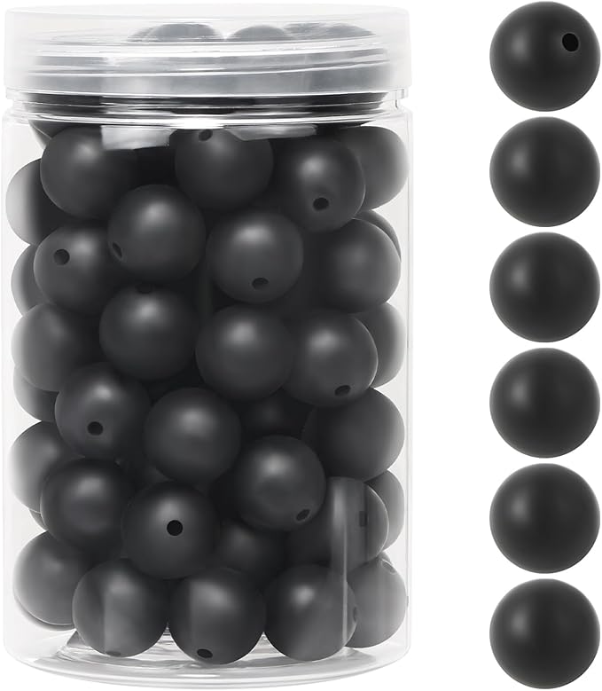 110 Pcs Silicone Focal Beads, EVERMARKET 15mm Silicone Beads for Keychain Making, Round Silicone Beads Bulk with Bottle, Rubber Loose Beads for Pens Crafts Necklace Bracelet Lanyard (Black)