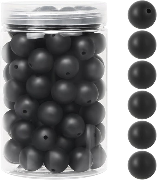 110 Pcs Silicone Focal Beads, EVERMARKET 15mm Silicone Beads for Keychain Making, Round Silicone Beads Bulk with Bottle, Rubber Loose Beads for Pens Crafts Necklace Bracelet Lanyard (Black)