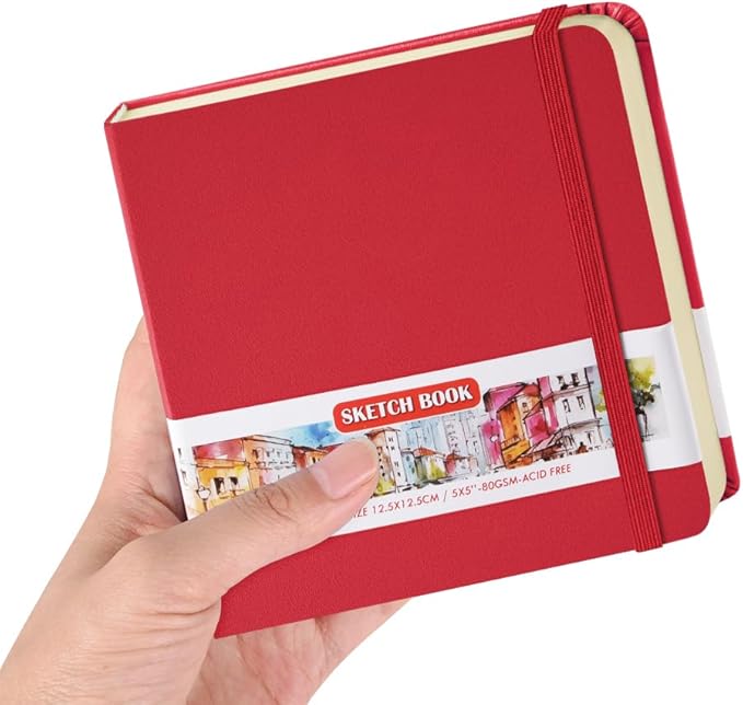 Square 5x5 inches 80gsm 96sheets/192 Pages Notebooks Blank Sketchbooks Travel Journal Pocket Hardcover Paint Writing Diary Memo Planner PU Leather Cover. Red