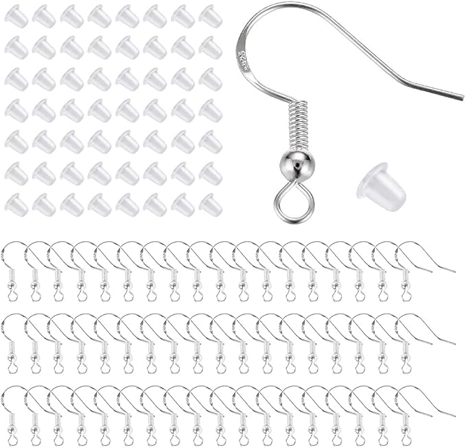 925 sterling silver hypoallergenic earring hooks 100 pairs for jewelry making, fish hook earrings making kit, diy earring findings jewelry making supplies, with 200 pcs earring backs，christmas gifts