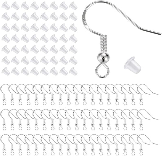925 sterling silver hypoallergenic earring hooks 100 pairs for jewelry making, fish hook earrings making kit, diy earring findings jewelry making supplies, with 200 pcs earring backs，christmas gifts