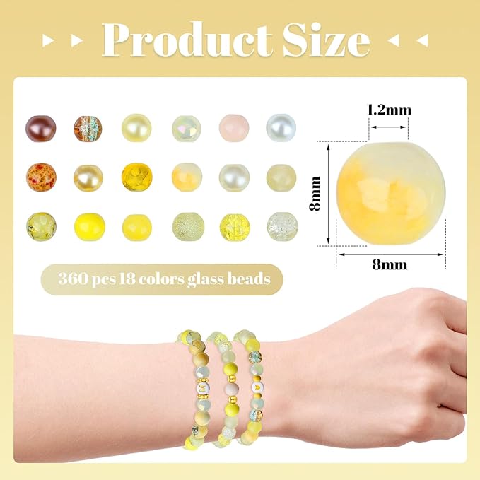 DUQGUHO 8mm Yellow Beads for Jewelry Making Yellow Glass Beads for Crafts Bracelets, Necklaces & DIY Crafts Glass Round Bead 360PCS