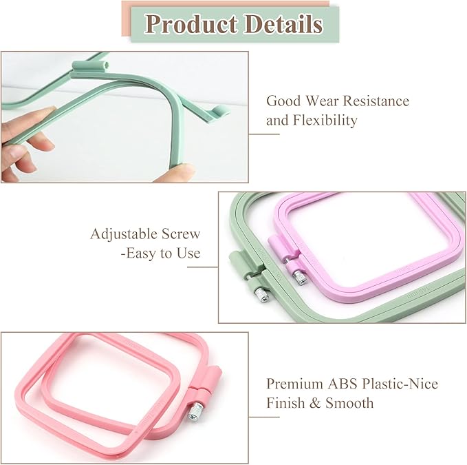 zocone 3pcs 3 size square embroidery hoops, abs plastic embroidery hoops cross stitch hoops embroidery frames for sewing, needlework, embroidery projects (size-3", 4.3", 6.5")