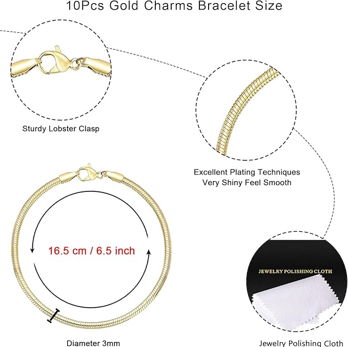 10 Pcs Snake Charm Bracelet Chain Gold Charm Bracelet Kit 3mm Dainty Stackable Snake Chain Bracelets Chain Pack with Polishing Cloth for Christmas Mother's Day DIY Women Jewelry Making Gifts Supplies
