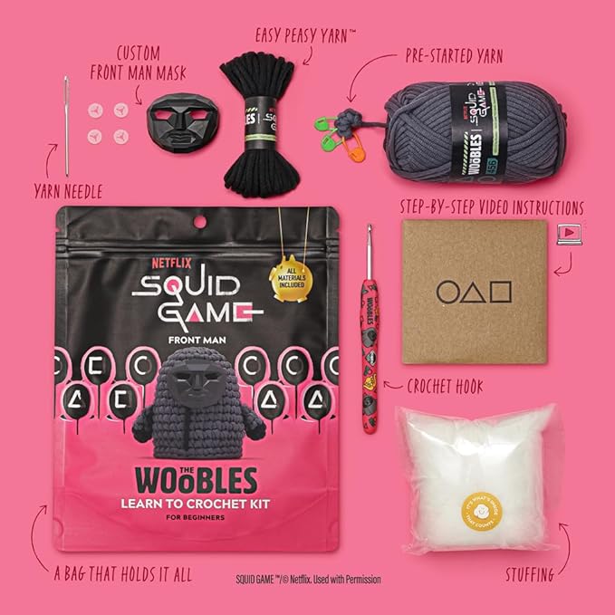 The Woobles Beginners Crochet Kit with Easy Peasy Yarn as seen on Shark Tank - with Step-by-Step Video Tutorials - Squid Game (Front Man)