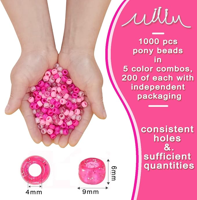 MIIIM 1000PCS 6x9mm Pony Beads Bulk, 5 Styles Pink Pony Beads for Bracelets Making Kit, Kandi, Hair Braids Crafts for Jewelry Making (Pink)
