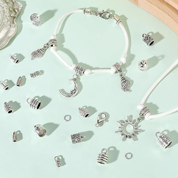 SUNNYCLUE 1 Box 230pcs Silver Cord End Kumihimo Bracelet Ends Antique Silver Alloy Metal Glue In Crimp Tassel Leather Cord String End Caps with Lobtser Clasp And Jump Ring for Jewelry Making Kit Craft