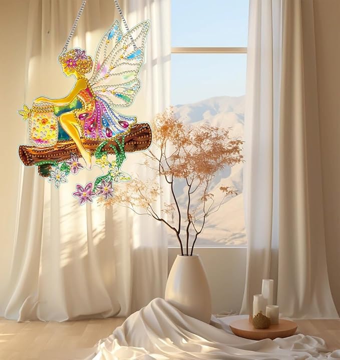 hyzsj DIY Hanging Diamond Art Pendant Painting Kit,Acrylic 5D Fairy Painting Window Pendants, Special Crystal Gem Craft Painting Kit Ornament 8.3x9.4inch