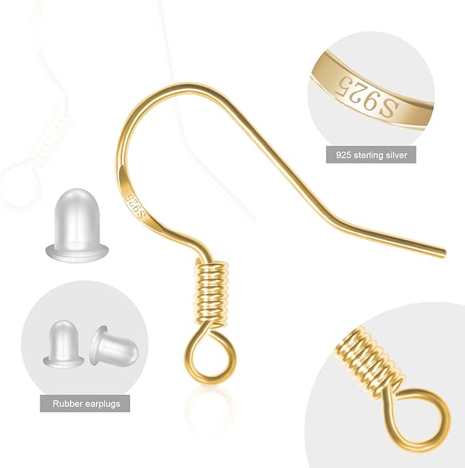 menkey 925 sterling gold earring hooks 120 pcs/60 pairs hypoallergenic ear wires fish hooks for jewelry making, jewelry findings parts with 120 pcs rubber earring backs stopper for diy earrings