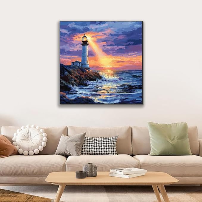 JUJUHOOD Sunset Lighthous Framed Paint by Numbers Kit for Adults Beginner & Kids Ages 8-12,Seaside Paint by Number Without Easel,Paint by Numbers for Gift Home Wall Decor (10x10Inch)