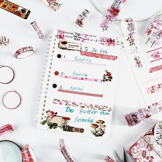 Washi Tape Set, 20 Rolls, Floral Washi Tape for Journaling, Decorative Tape for Scrapbooking, Junk Journal Supplies, Bullet Journaling, 5 Assorted Widths