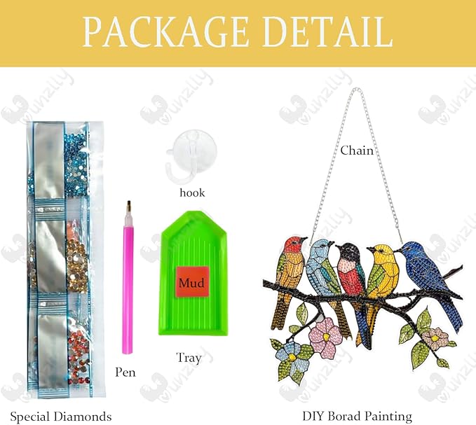 Yunzlly DIY Hanging Diamond Art Pendant Kit Bird, Special Crystal Double Sided Diamonds Painting Ornament Kit for Adults, Acrylic Gem Painting Board for Window Decor