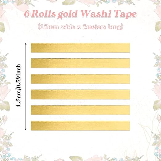 Gold Washi Tape Set 6 Rolls Washi Tape Self-Adhesive Gold Tape Metallic Scrapbook Paper Tape Decorative Tape for Scrapbook Journal DIY Craft Scrapbooking Journal Supplies Gift Wrapping