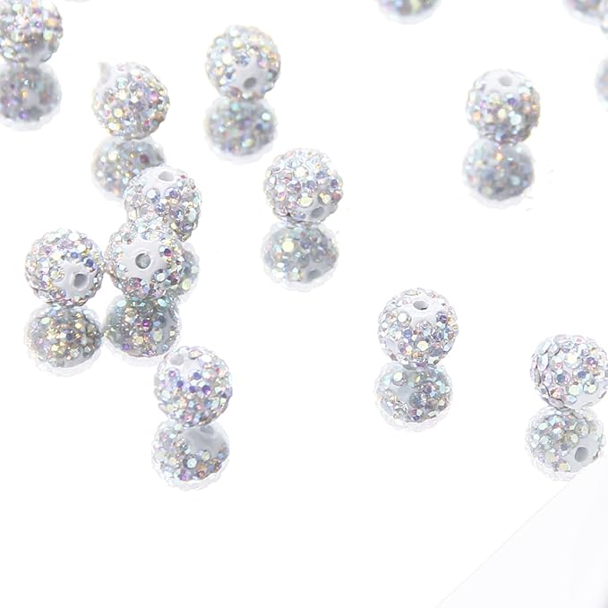 100 Pcs 10mm Rhinestone Beads for Jewelry Making, White AB Shiny Round Shamballa Disco Baseball Necklace Beads Sparkle Crystal Clay Pave Rhinestones Bead for DIY Bracelet Earring Craft Making Supplies