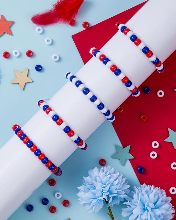 1000+ Pcs 4th of July Pony Beads, Red Wihte and Blue Colors, Kandi Beads for Bracelet Making, Hair Braids, Necklaces, Key Chains, Jewelry, Party