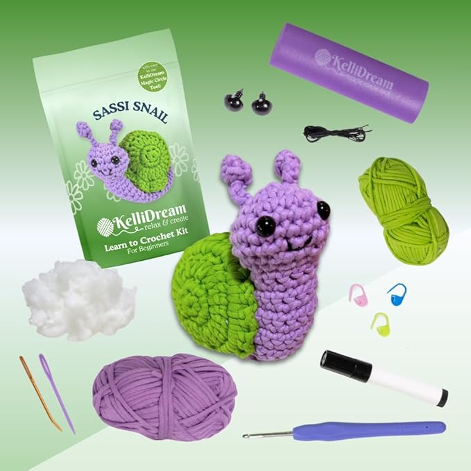 KelliDream Magic Circle Tool Inclusive Learn to Crochet Kit for Beginners+; Step-by-Step Video Tutorials; All Supplies to Make Cute Amigurumi (Snail)