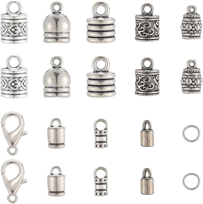 SUNNYCLUE 1 Box 230pcs Silver Cord End Kumihimo Bracelet Ends Antique Silver Alloy Metal Glue In Crimp Tassel Leather Cord String End Caps with Lobtser Clasp And Jump Ring for Jewelry Making Kit Craft