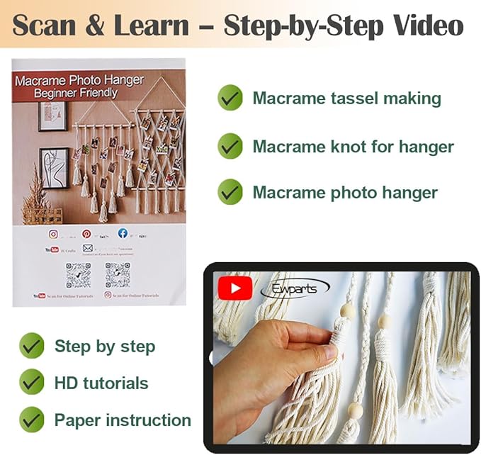 Ewparts Macrame Kit for Adults Beginners – 3mm Cotton Rope Wall Hanging Set to Make Photo Display, Includes Wood Clips, Wooden Dowel, Instructions & Video – Boho Home Decor Craft Supplies