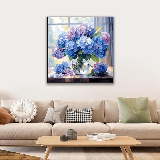 JUJUHOOD Hydrangeas Flowers Paint by Numbers Kit for Adults Beginner & Kids Ages 8-12, Purple Flower Paint by Number Without Easel, Simple Paint by Numbers for Gift Home Wall Decor (10x10Inch)