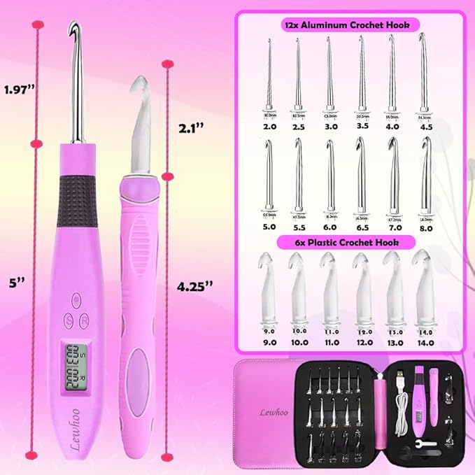 lewhoo 18 size counting light up crochet hook,digital crochet hooks with stitch counter,lighted metal crochet needle with case